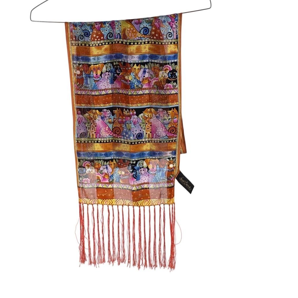 Laurel Burch Canines and Felines‎ Silk Scarf Orange Fringe Art Scarf Multicolor
